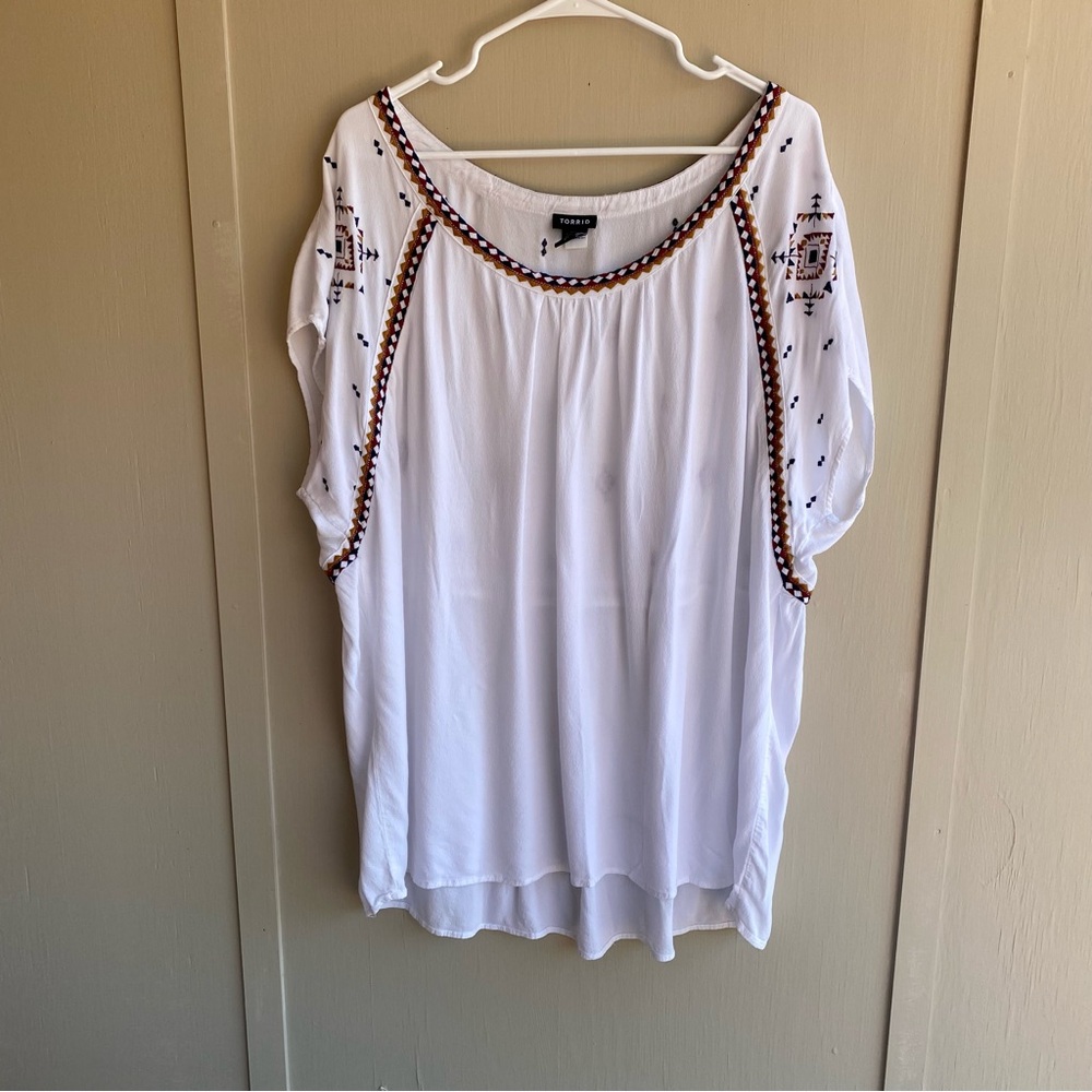 Torrid White Blouse with Brown Embroidery